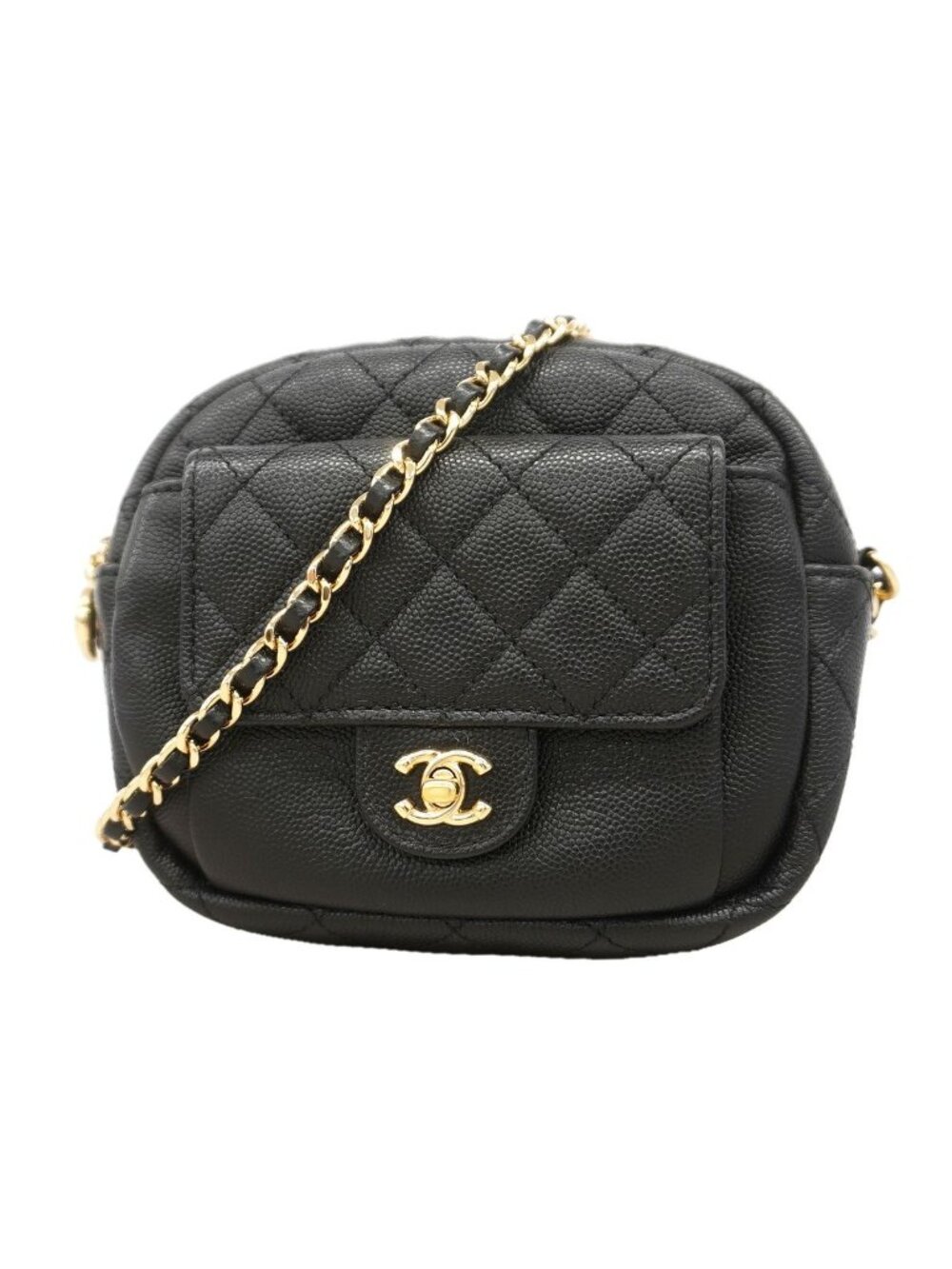 Chanel Shoulder Bag Quilted Caviar Leather Black Champagne Gold